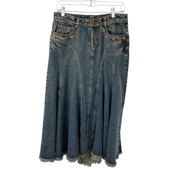 Jeanology Women's 8 Midi Embellished Denim Gored Full Skirt Blue EUC - Picture 2 of 11